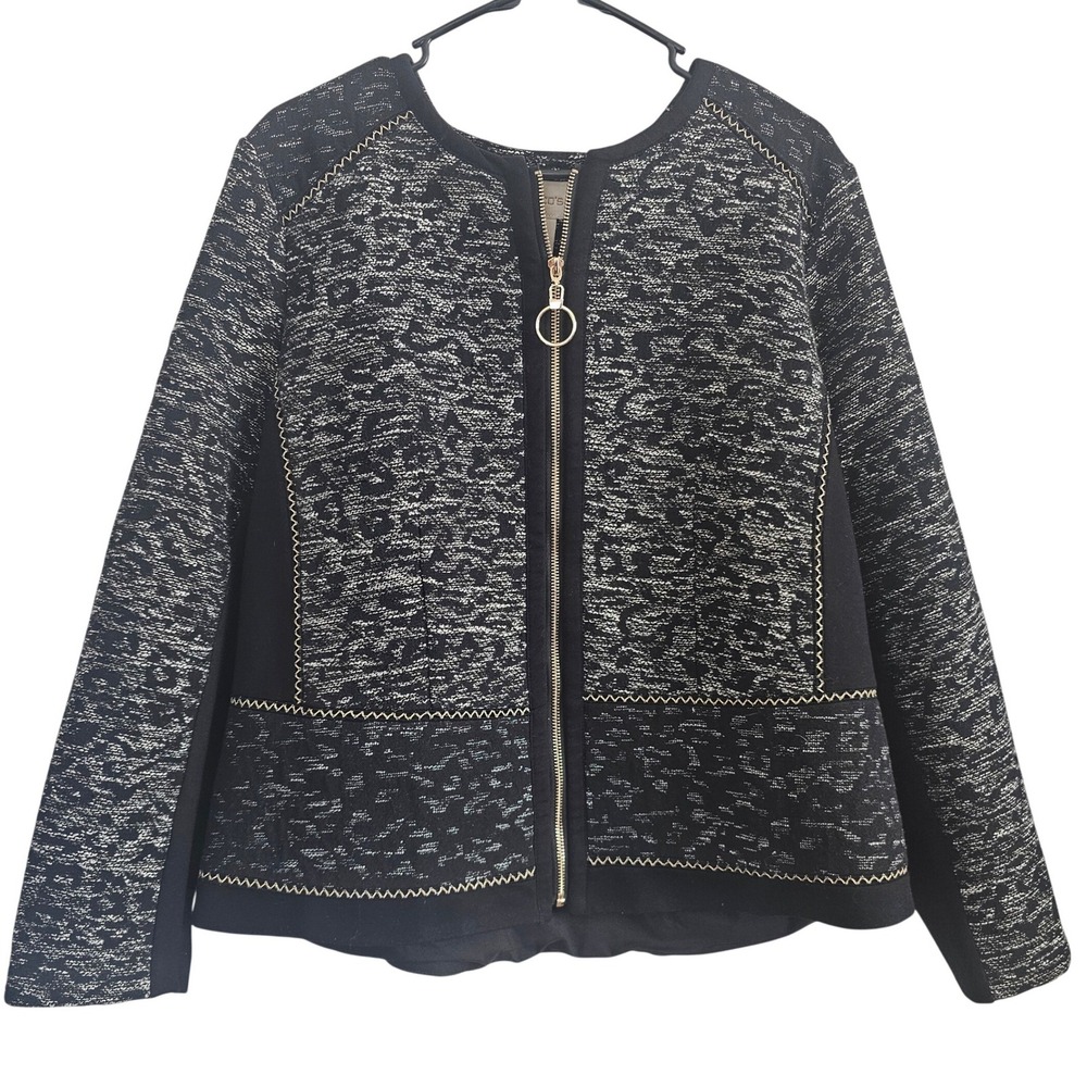 Chicos Metallic Textured Knit Full Zip Jacket Black Silver Gold Stitch Size 3